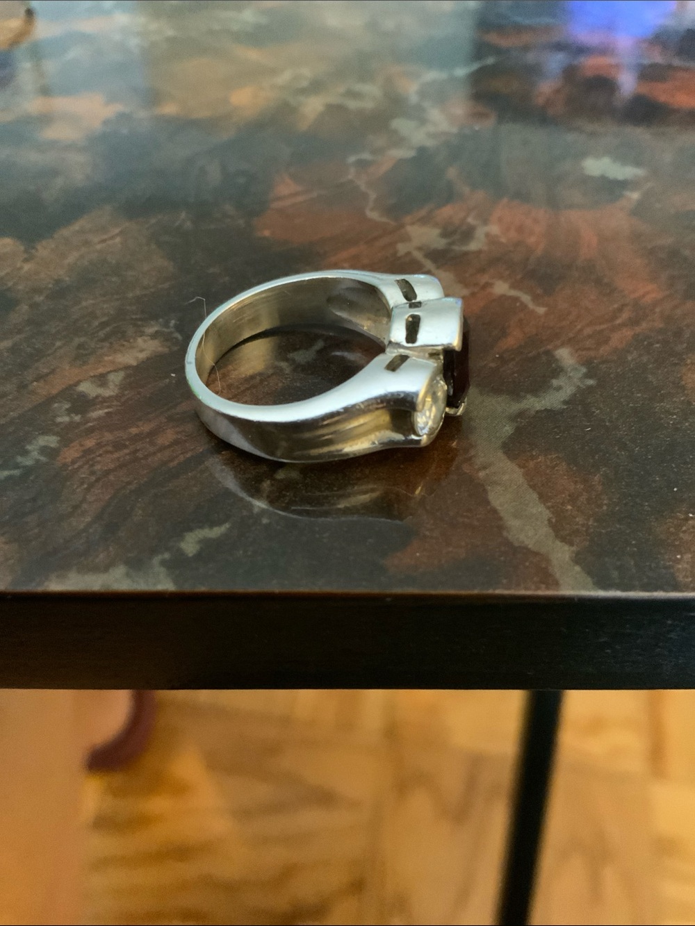 Sterling Silver Ring Garnet Center Stone and CZ Side Stones. - Picture 2 of 3